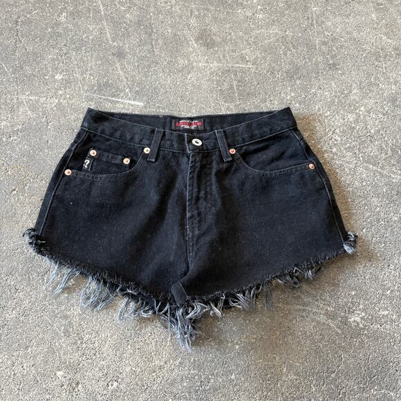 Vintage 90s Guess High Waist Cut Off Denim Jean Shorts Size 26 Black USA 2" - Picture 1 of 7